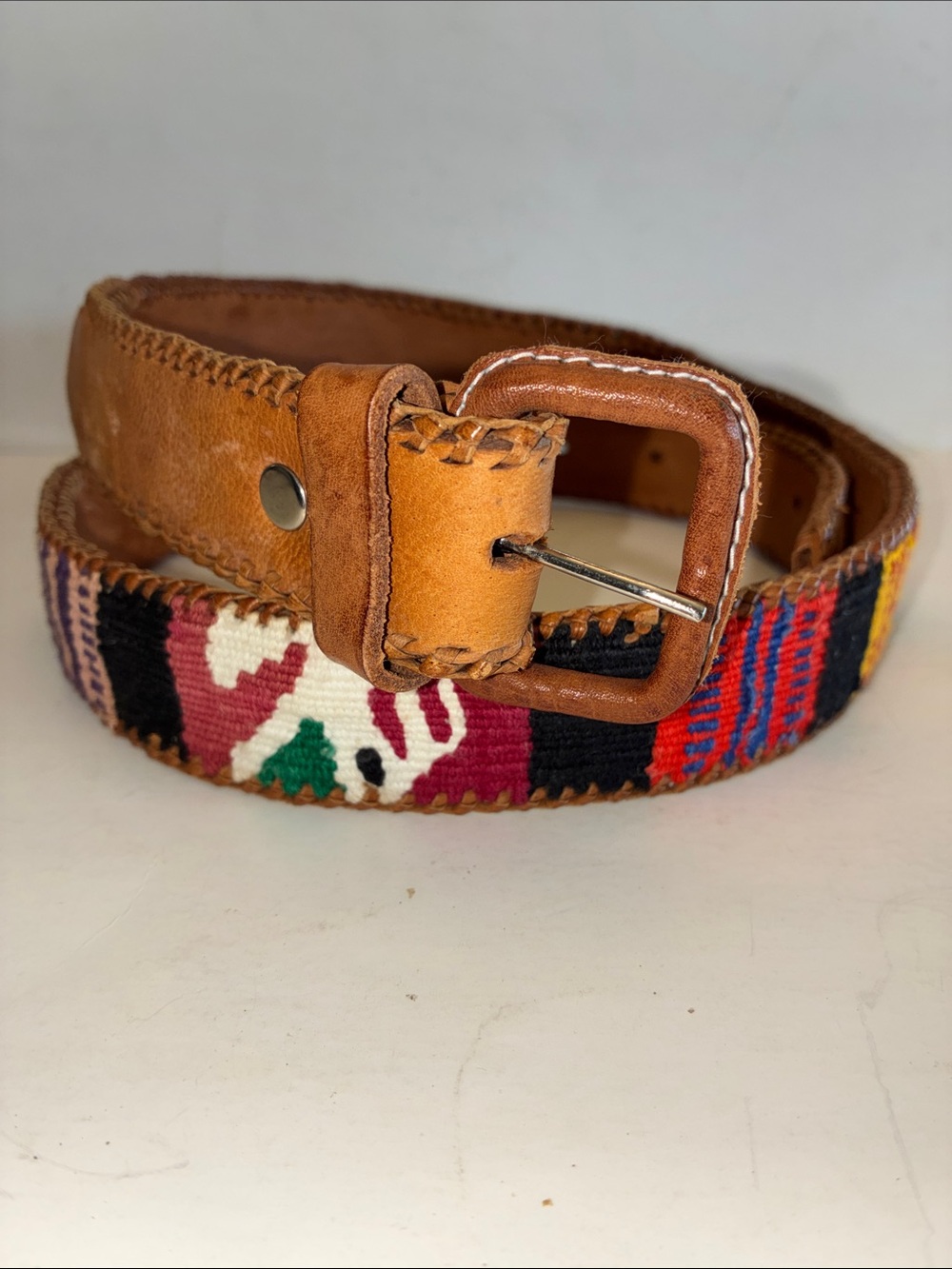 Vintage Guatemalan Tan Leather Belt with Multicolor Woven Accent
